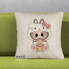 Perna Personalizata Labubu x Hello Kitty, 40x40 cm, Bej Canapea, Husa Detasabila, Perna Inclusa, BEKZ®