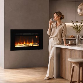 HOMCOM Șemineu Electric de 60 cm, Încastrat sau de Perete, 1800 W, Temporizator 24 de Ore, Flacără Reglabilă, Cristale | Aosom Romania
