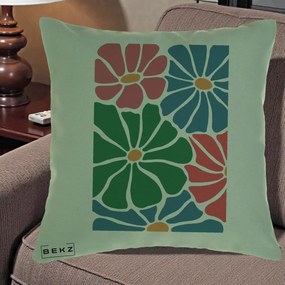 Perna Decorativa Flori Grafice Verde-Roz-Albastru, 40x40 cm, Verde, Husa Detasabila, Perna Inclusa, BEKZ®