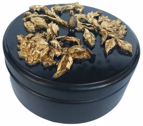 Caseta bijuterii,cutie lemn decorata cu flori aurii in relief pe capac,D20cm