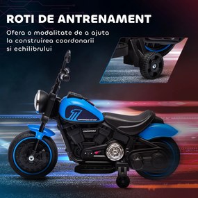 Motocileta Electrica de 6V, Roti de Antrenament, Baterii, un Singur Buton de Pornire, Pedala, Far, 18-36 luni, Albastru HOMCOM | Aosom Romania