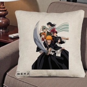 Perna Personalizata Bleach Grup Complet Ichigo si Prietenii, 40x40 cm, Bej Canapea, Husa Detasabila, Perna Inclusa, BEKZ®