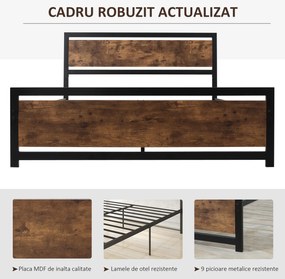 HOMCOM Cadru Pat Matrimonial din Lemn si Otel 160x200cm, Sipci Integrate si Tetiera in Stil Industrial, Negru Maro Rustic