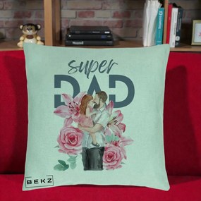 Cadou pentru Tata - Perna Personalizata Super Dad Tata cu Fetita si Flori, 40x40 cm, Verde Menta, Husa Detasabila, Perna Inclusa, BEKZ®