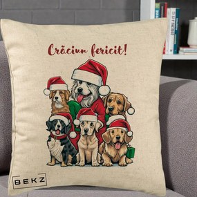 Perna Decorativa Caini cu Bonete Craciun Fericit, 40x40 cm, Bej, Husa Detasabila, Perna Inclusa, BEKZ®