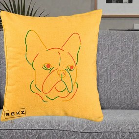 Perna Decorativa Bulldog Francez Line Art Curcubeu, 40x40 cm, Galben, Husa Detasabila, Perna Inclusa, BEKZ®
