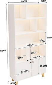 Bibliotecă cu iluminare ambientală LED cu schimbare de culoare, uși duble și mai multe rafturi, 80x30x173 cm, Alb