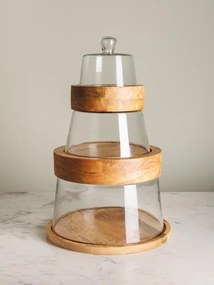 Set 3 tavi rotunde din lemn, cu capac din sticla, Stackable