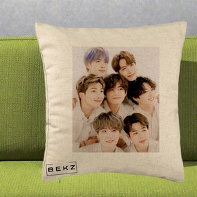 Perna Personalizata K-pop BTS Foto Grup Fete Albe, 40x40 cm, Bej, Husa Detasabila, Perna Inclusa, BEKZ®