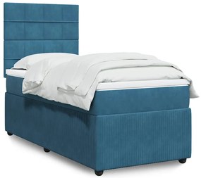 vidaXL Pat box spring cu saltea, albastru, 100x200 cm, catifea
