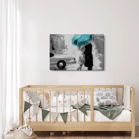 Tablou - Cuplu în dragoste cu umbrelă, albastru (90x60 cm)