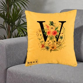 Cadou Personalizat - Perna Personalizata Monograma Florala Litera W, 40x40 cm, Galben, Husa Detasabila, Perna Inclusa, BEKZ®