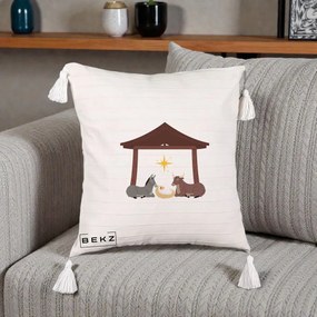 Perna Decorativa Ieslea din Betleem cu Iesle Asin si Bou, 40x40 cm, Bej cu Franjuri, Husa Detasabila, Perna Inclusa, BEKZ®