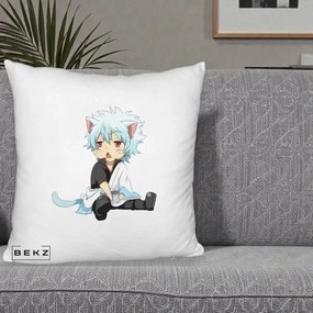 Perna Personalizata Gintama Gintoki Chibi Pisica, 40x40 cm, Alb Pufos, Husa Detasabila, Perna Inclusa, BEKZ®