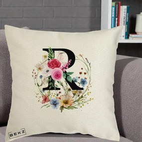 Cadou Personalizat - Perna Personalizata Monogram Litera R cu Flori Acuarela, 40x40 cm, Ecru, Husa Detasabila, Perna Inclusa, BEKZ®