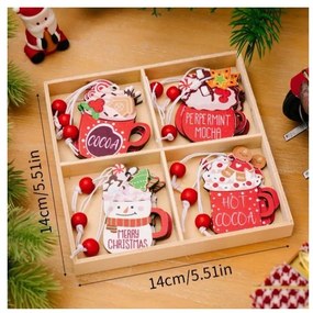 Set decoratiuni de Craciun din lemn HOT DRINKS, 12 buc