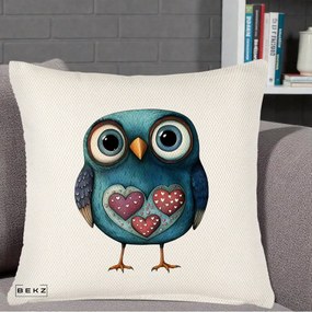 Perna Decorativa Bufnita Teal cu Doua Inimi, 40x40 cm, Crem Reliefat, Husa Detasabila, Perna Inclusa, BEKZ®