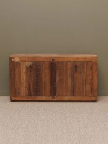 Bufet rustic din lemn reciclat și metal, natur, cu 4 uși, mânere din metal și îmbinări în coadă de rândunică, 87 x 163 x 44 cm, „Rochehau”