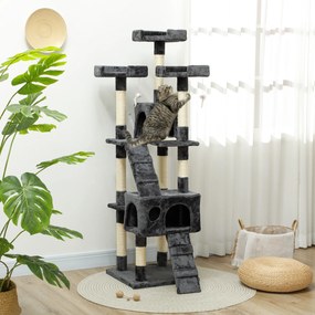 PawHut Albero Tiragraffi per Gatti con Due Cucce in Peluche e Sisal, Grigio, 50x50x170cm