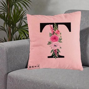 Cadou Personalizat - Perna Personalizata Monograma Florala Litera T, 40x40 cm, Roz, Husa Detasabila, Perna Inclusa, BEKZ®