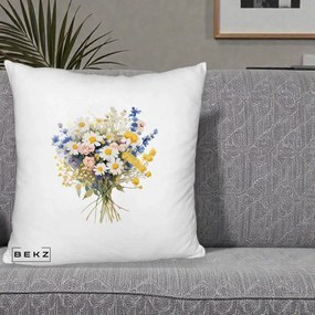 Perna Decorativa Buchet Camp Acuarela Margarete-Lavanda, 40x40 cm, Alb Pufos, Husa Detasabila, Perna Inclusa, BEKZ®