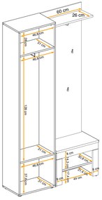 Hol Cuier, dulap cu pantofar si perna , stejar Well-alb lucios , 110 cm lungime x 200 inaltime x 35 cm adancime, Bortis