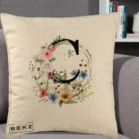 Cadou Personalizat - Perna Personalizata Monogram Litera C cu Flori Acuarela, 40x40 cm, Bej, Husa Detasabila, Perna Inclusa, BEKZ®