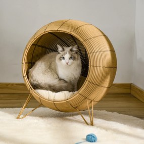 PawHut Coș Confortabil pentru Pisici Adulte până la 5 kg, Coș din Răchită Sintetică Ridicată, Maro Deschis | Aosom Romania