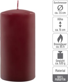 Set de lumânări tip pilon, 15 cm, Ø 7,5 cm, burgundy, 6 buc