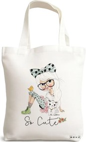 Sacosa de Panza pentru Cumparaturi, Geanta Tote, model So Cute, 38x34.5 cm, Alba, BEKZ®