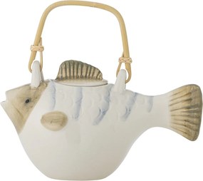 Ceainic din ceramică, în formă de pește, pictat manual, cu infuzor și mâner natur, „Wrenna", 24 x 13 x 13,5 cm