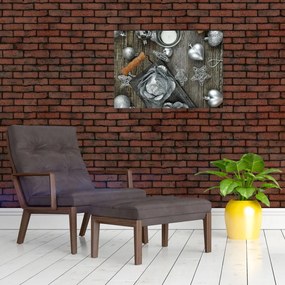 Tablou pe sticlă - decorațiuni argintii de Crăciun (70x50 cm)