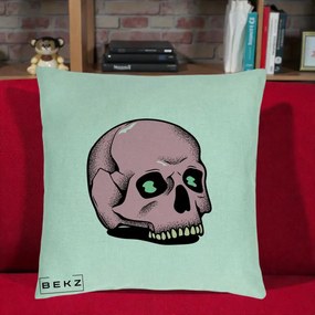 Perna Decorativa Craniu Roz Tatoo Art Halloween, 40x40 cm, Verde Menta, Husa Detasabila, Perna Inclusa, BEKZ®