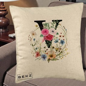 Cadou Personalizat - Perna Personalizata Monograma Florala Litera V cu Coroana, 40x40 cm, Bej, Husa Detasabila, Perna Inclusa, BEKZ®