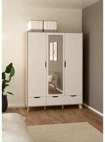 Șifonier alb-în culoare naturală cu aspect de lemn de stejar cu oglindă 147x201x58 cm Ikast – Tvilum