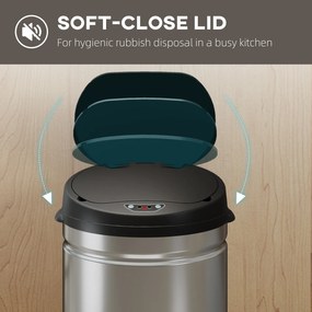 Coș de gunoi HOMCOM de 42L cu Senzor de Mișcare și Deschidere Automată, din Oțel Inoxidabil și ABS, 30.5x30.5x68 cm, Negru și Argintiu | Aosom Romania