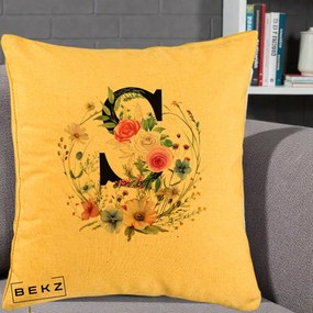 Cadou Personalizat - Perna Personalizata Monogram Litera S cu Flori Acuarela, 40x40 cm, Galben, Husa Detasabila, Perna Inclusa, BEKZ®