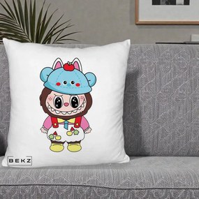 Perna Personalizata Labubu x Urs Albastru Colorat, 40x40 cm, Alb Pufos, Husa Detasabila, Perna Inclusa, BEKZ®