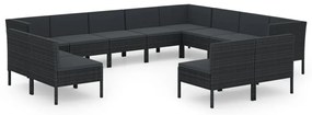 Set mobilier de grădină cu perne, 12 piese, negru, poliratan