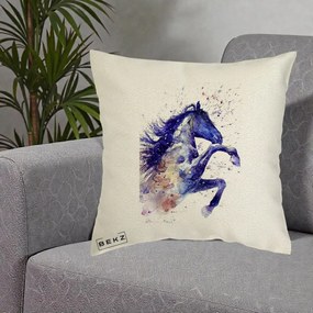 Perna Decorativa Cal Albastru Acuarela, 40x40 cm, Ecru, Husa Detasabila, Perna Inclusa, BEKZ®