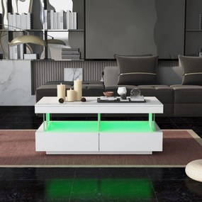 Masă de cafea modernă cu finisaj lucios, iluminare LED, 2 sertare, 100x60x49,5 cm, Alb