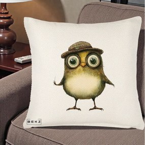 Perna Decorativa Pui Intelectual cu Palarie Tweed, 40x40 cm, Crem Reliefat, Husa Detasabila, Perna Inclusa, BEKZ®