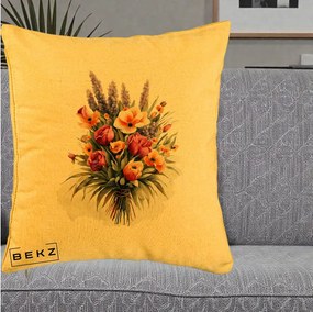 Perna Decorativa Buchet Mixt Acuarela Lavanda-Trandafiri, 40x40 cm, Galben, Husa Detasabila, Perna Inclusa, BEKZ®