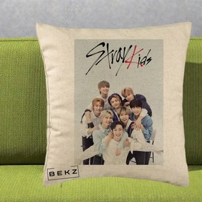 Perna Personalizata K-pop Stray Kids cu Foto Grup Alb-Albastru, 40x40 cm, Bej, Husa Detasabila, Perna Inclusa, BEKZ®