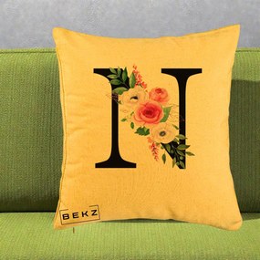 Cadou Personalizat - Perna Personalizata Monograma Florala Litera N, 40x40 cm, Galben, Husa Detasabila, Perna Inclusa, BEKZ®