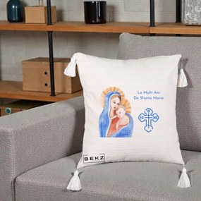 Cadou de Onomastica - Perna Personalizata Sfanta Marie Icoana Acuarela, 40x40 cm, Bej cu Franjuri, Husa Detasabila, Perna Inclusa, BEKZ®