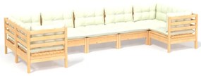 Set mobilier gradina cu perne crem, 7 piese, lemn masiv de pin maro si crem, 7