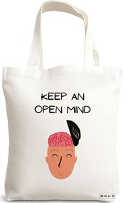 Sacosa de Panza pentru Cumparaturi, Geanta Tote, model Keep an open mind, 38x34.5 cm, Alba, BEKZ®