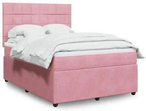 vidaXL Pat box spring cu saltea, roz, 140x200 cm, catifea