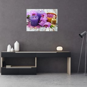 Tablou pe sticlă cu orhidee și lumănări (70x50 cm)